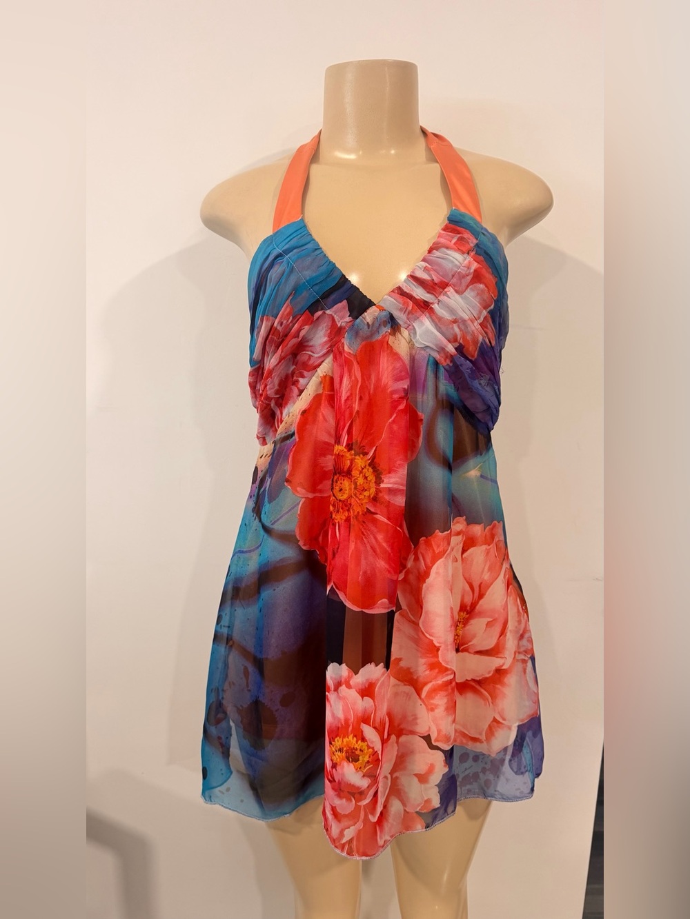 Lucy Paris Coral, Blue & Purple Floral Halter Mini Dress